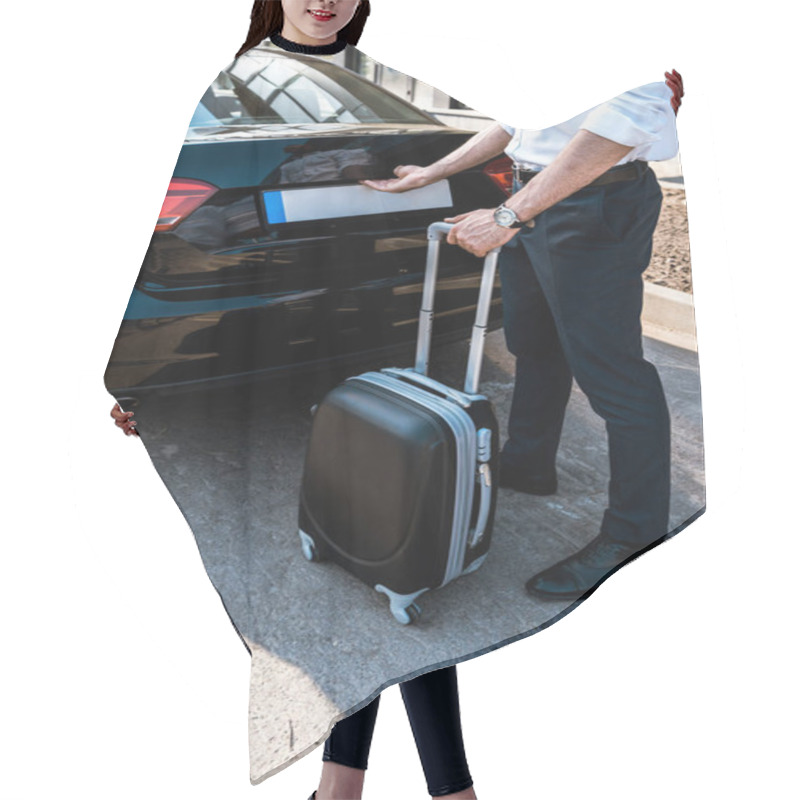 Personality  Cropped View Of Businessman Opening Car Trunk While Standing With Luggage Hair Cutting Cape