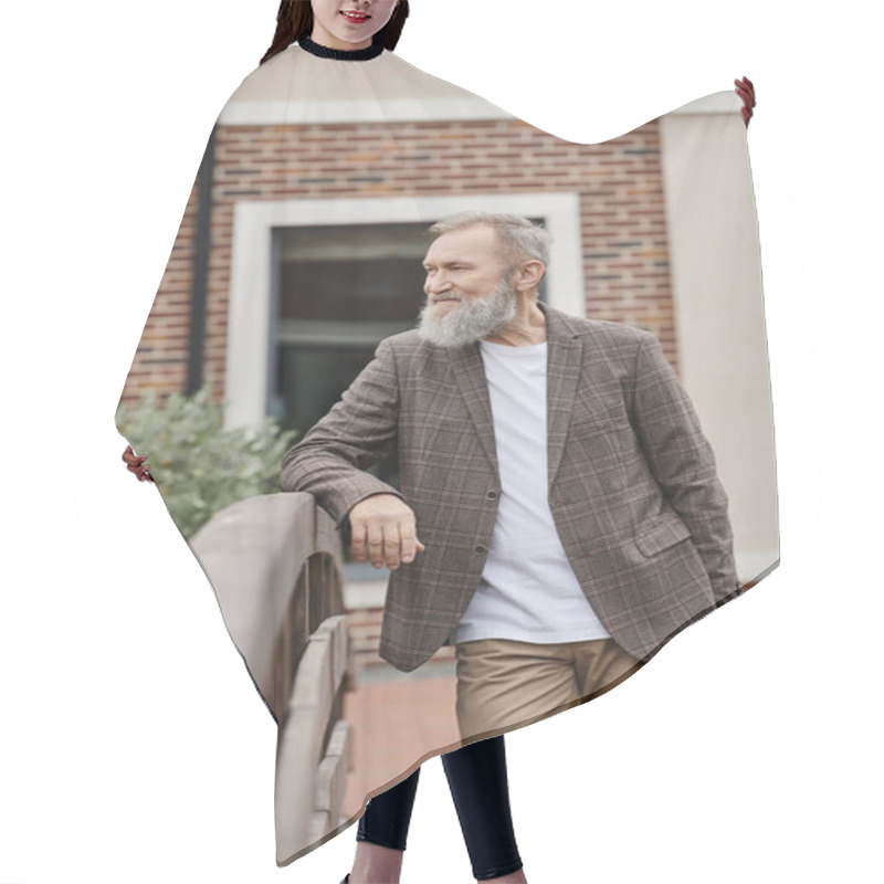 Personality  Happy Bearded And Senior Man Standing On Wooden Bridge, Looking Away, Positive, Urban Life, Elderly Hair Cutting Cape