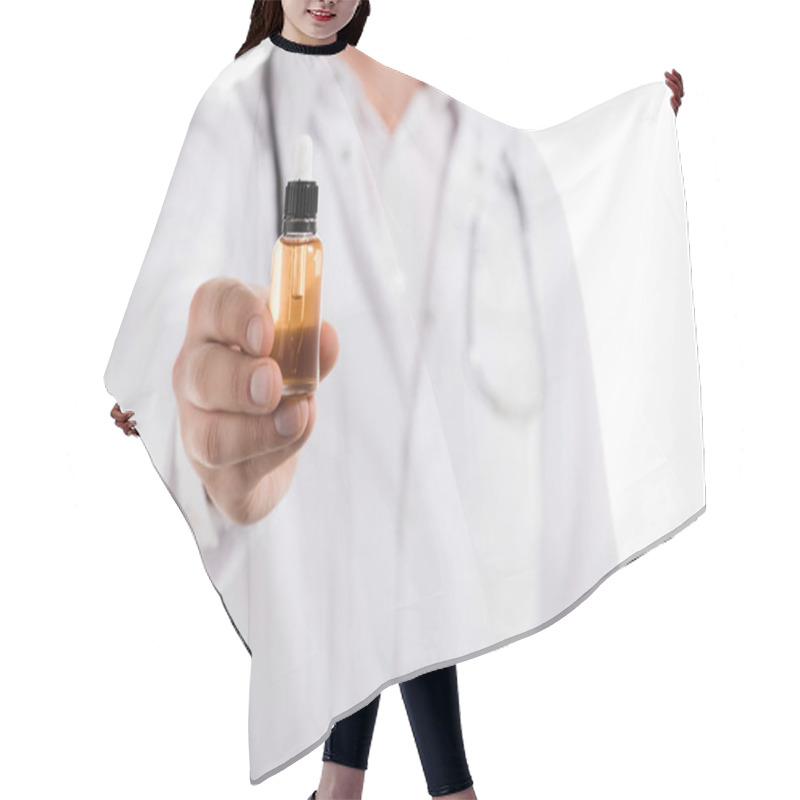 Personality  Cropped View Of Male Doctor Holding Bottle With Cbd Oil In Hand Isolated On White Hair Cutting Cape