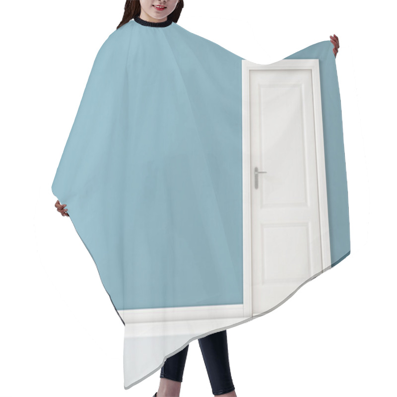 Personality  Closed White Door On Blue Wall, Reflective Floor Hair Cutting Cape