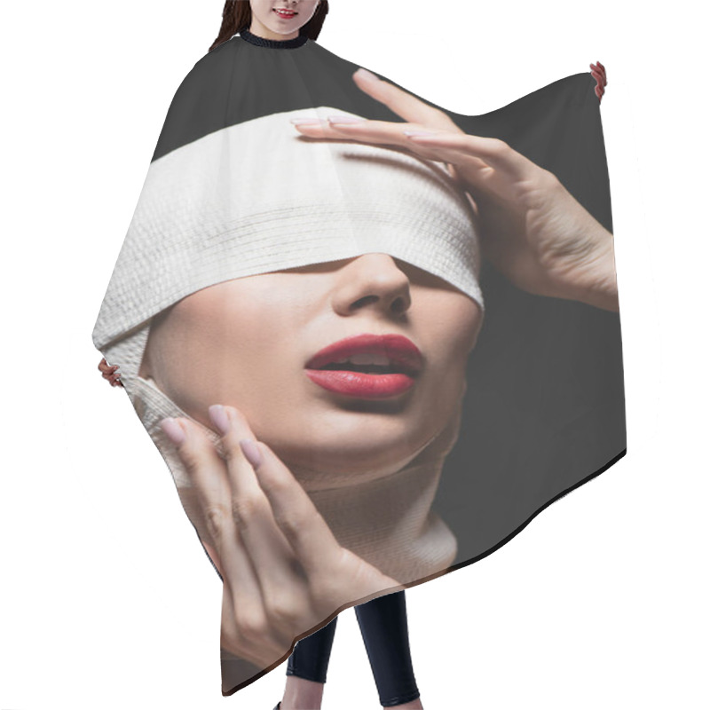 Personality  Woman In Elastic Bandage With Covered Eyes And Opened Mouth Isolated On Dark Grey Hair Cutting Cape