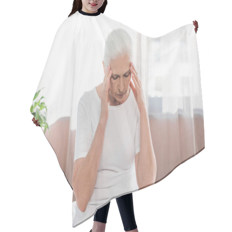 Personality  Upset Senior Woman In Hospital Hair Cutting Cape