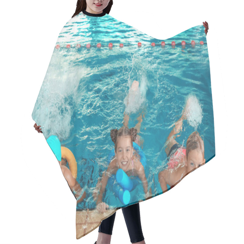 Personality  Little Kids With Swimming Noodles In Indoor Pool Hair Cutting Cape