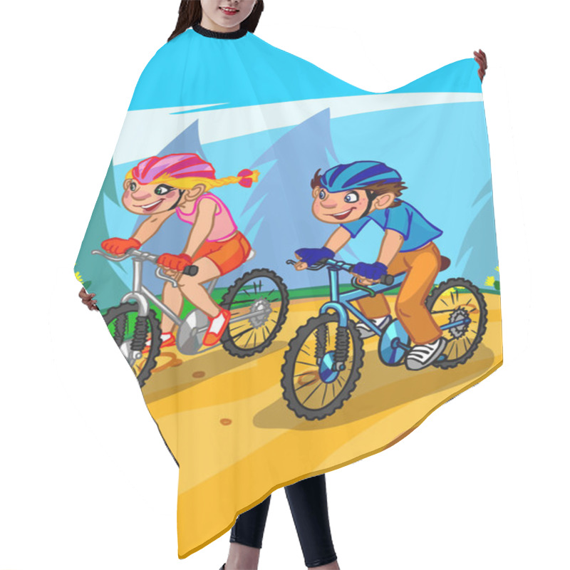 Personality  The Illustration Of Cartoon Teenagers On Bicycle. Hair Cutting Cape