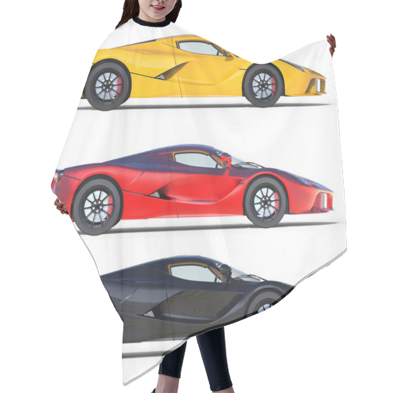 Personality  The Set Of Three Fast Sports Cars Yellow, Red And Black. 3d Illustration. Hair Cutting Cape