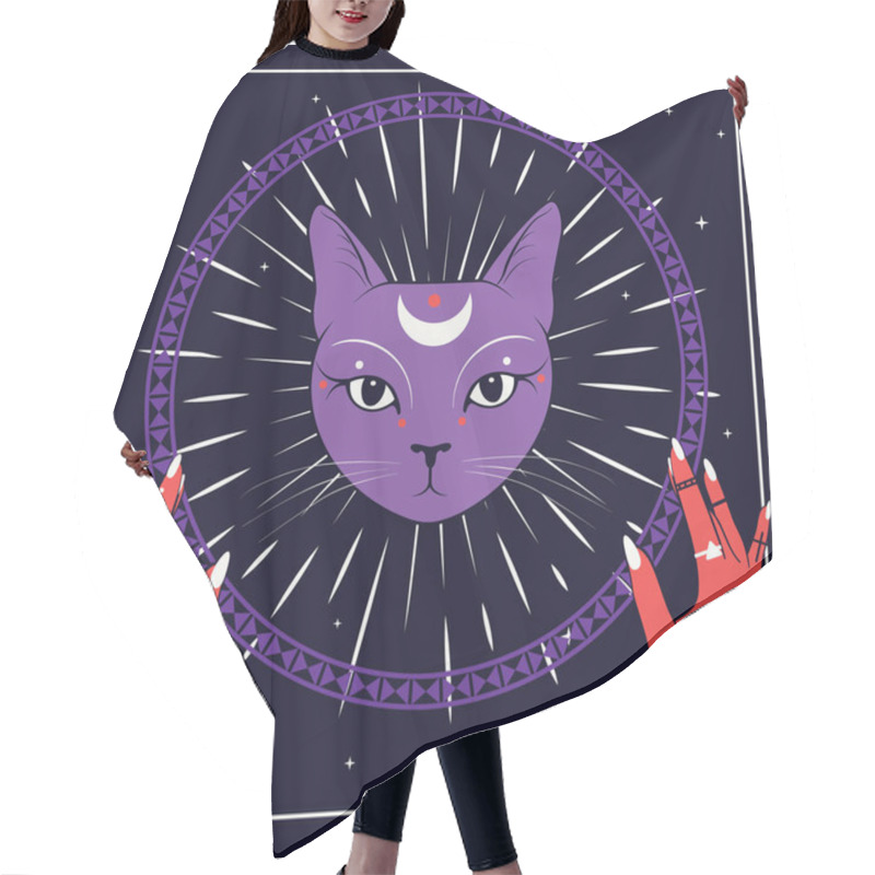 Personality  Violet Cat Face With Moon On Night Sky With Ornamental Round Frame. Red Hands. Magic, Occult Symbols. Hair Cutting Cape