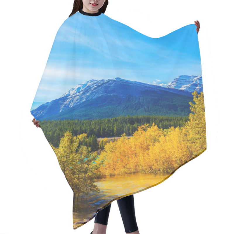 Personality  Artificial Abraham Lake Reflects The Golden Foliage Of Aspen And Birches. Autumn Flood Of Abraham Lake. Concept Of Active, Ecological And Photo Tourism Hair Cutting Cape