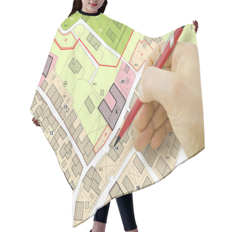 Personality  Engineer Drawing Over An Imaginary General Urban Plan Of Territory With Buildings, Roads And Land Parcel - Note: The Map Is Totally Invented And Does Not Represent Any Real Place Hair Cutting Cape