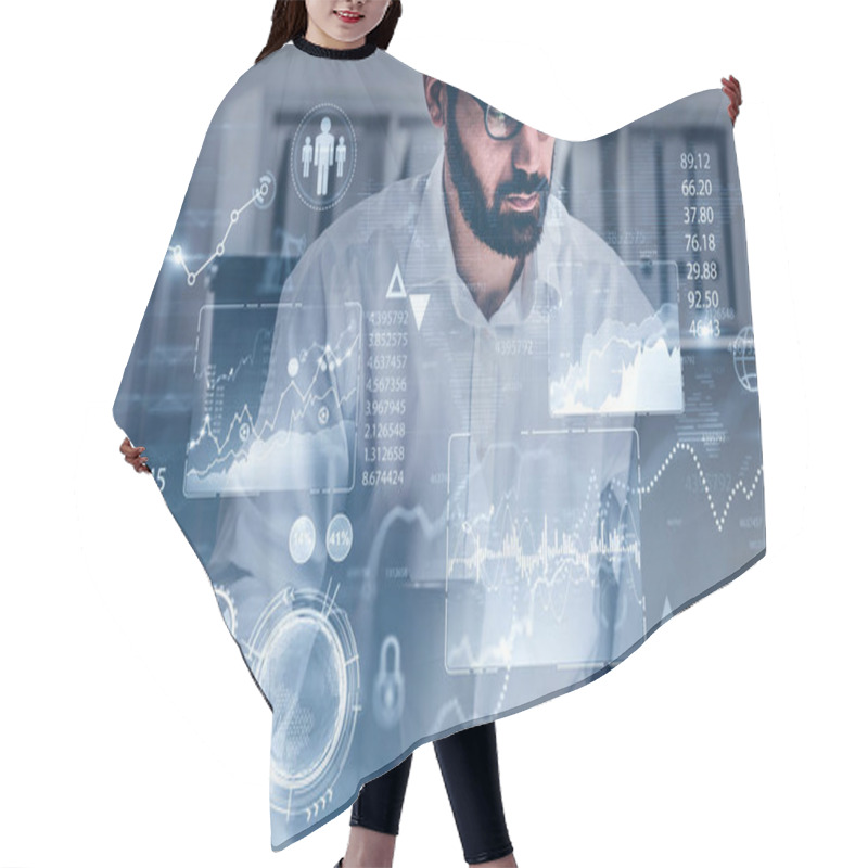 Personality  Serious Bearded Businessman In Glasses Reading Financial Report In Blurry Office With Double Exposure Of HUD Infographic Interface. Concept Of Statistics And Data Analysis. Toned Image Hair Cutting Cape