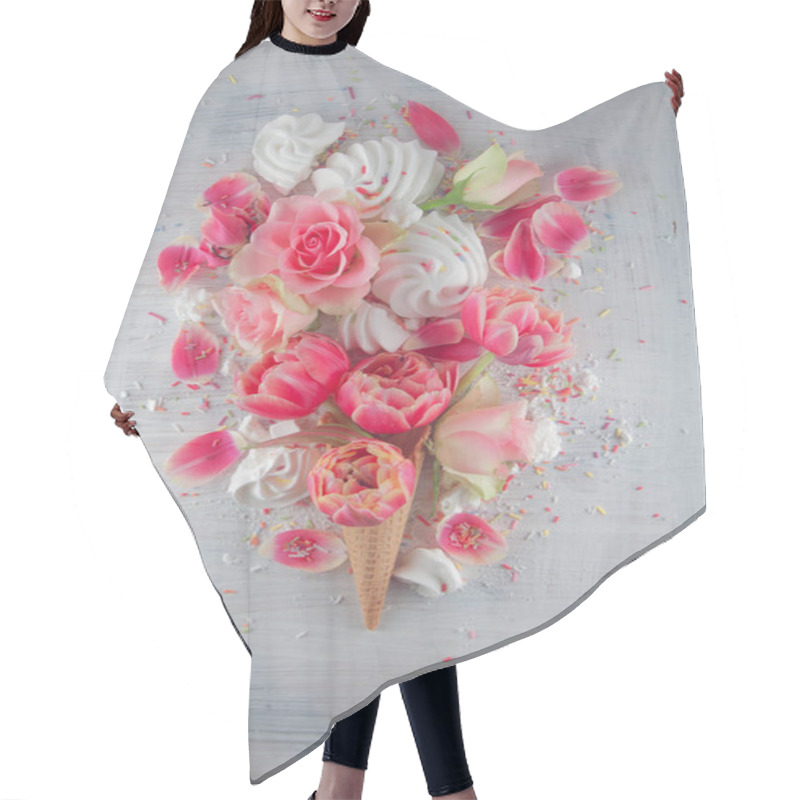 Personality  Flatlay Waffle Sweet Ice Cream Cone With Pink Tulips And Roses Blossom Flowers Over White Wood Background, Top View. Spring Or Summer Mood Concept. Hair Cutting Cape