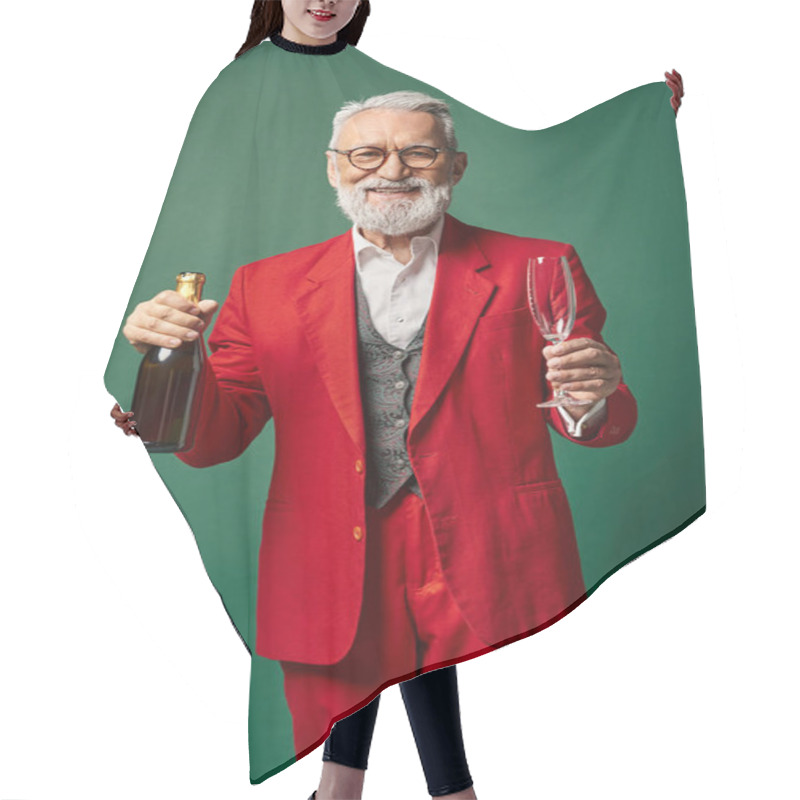 Personality  Happy Santa With Glasses And Beard In Red Suit Posing With Champagne Bottle, Winter Concept Hair Cutting Cape