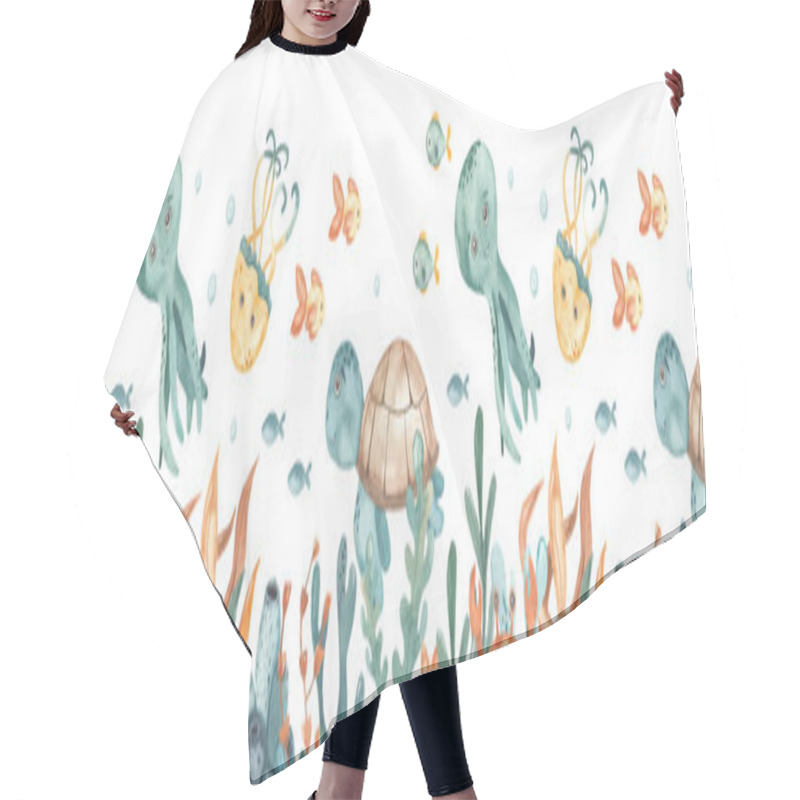 Personality  Cute Sea Creatures, Sea Turtle, Octopus, Jellyfish, Crab, Fish, Starfish, Algae, Corals Watercolor Seamless Border Hair Cutting Cape