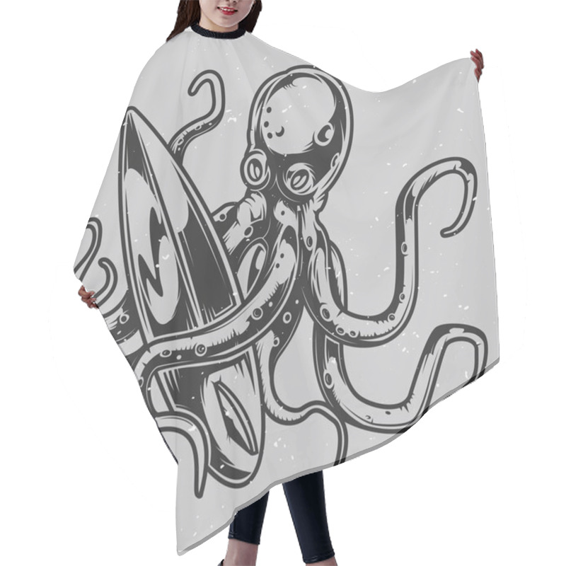 Personality  Isolated Black And White Illustration With Octopus And Surfing Board Hair Cutting Cape