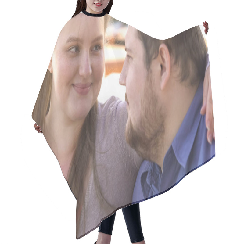 Personality  Positive Couple Of Beloved Embracing, Happy Overweight Family, Soulmates Closeup Hair Cutting Cape