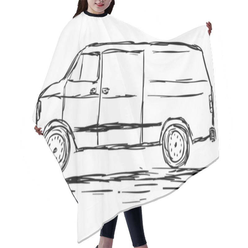 Personality  Hand Drawn Illustration Of A Car In Black Pencil On A White Background. Drawing Old Van Car. Hair Cutting Cape