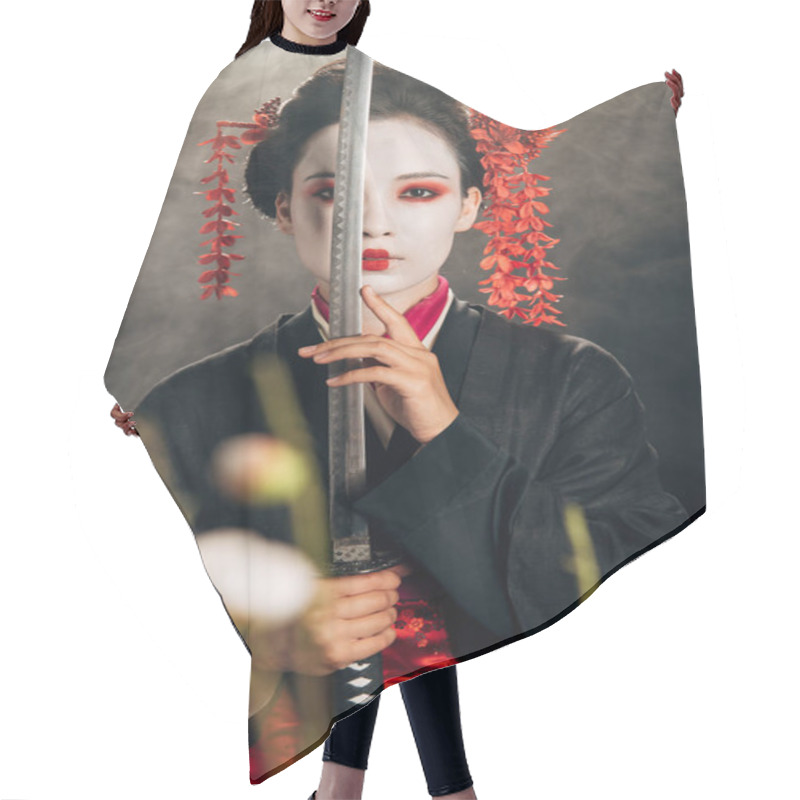 Personality  Selective Focus Of Geisha In Black Kimono Holding Katana In Smoke And Sakura Branches Hair Cutting Cape