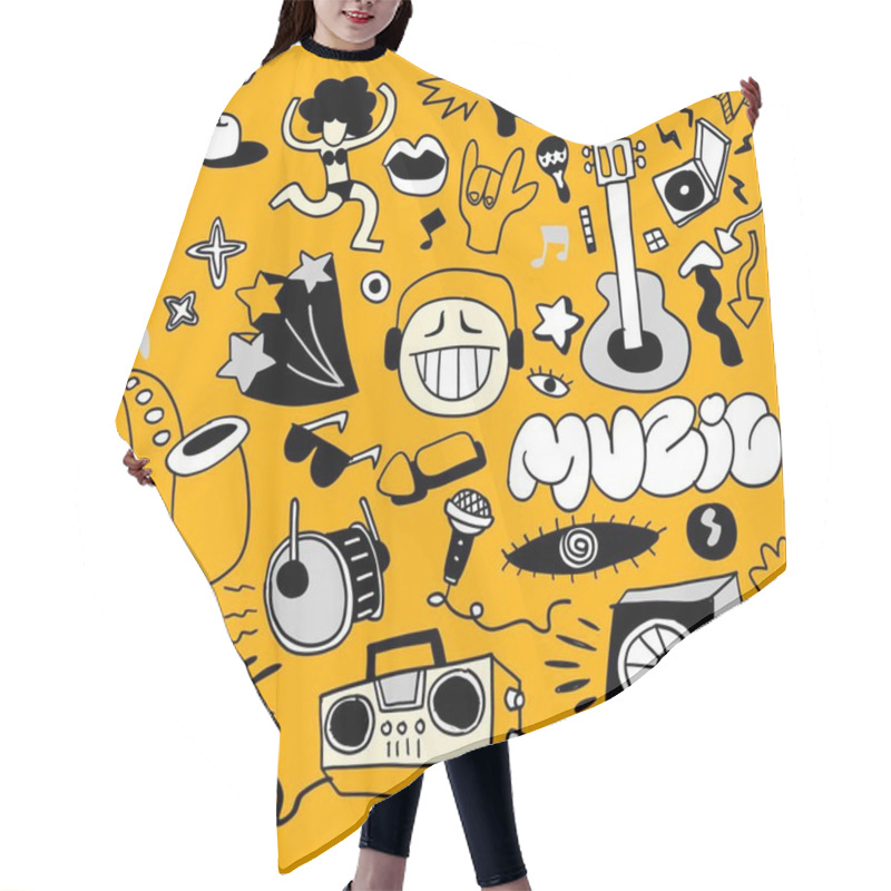 Personality  Vibrant Hand Drawn Doodles Featuring Musical Instruments, Headphones, And Fun Music-related Symbols On A Bold Yellow Background Hair Cutting Cape