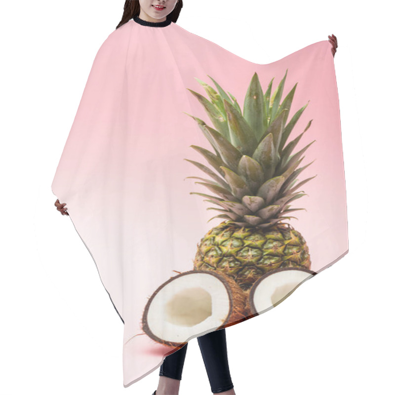 Personality  Ripe Pineapple And Fresh Coconut Halves On Pink Background Hair Cutting Cape