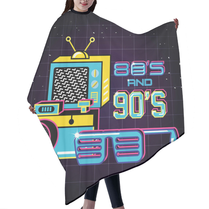 Personality  Televisor With Icons Of Eighties And Nineties Retro Hair Cutting Cape