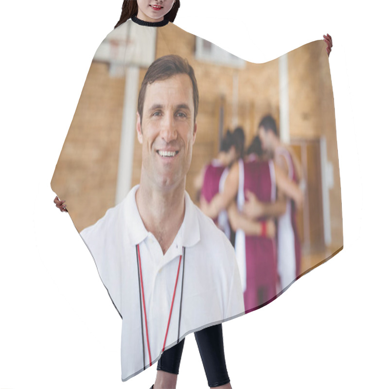 Personality  Confident Coach Standing In Basketball Court Hair Cutting Cape