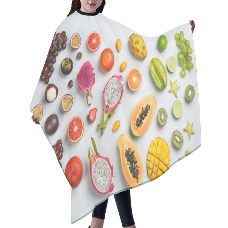 Personality  Many Different Delicious Exotic Fruits On Light Background, Flat Lay Hair Cutting Cape