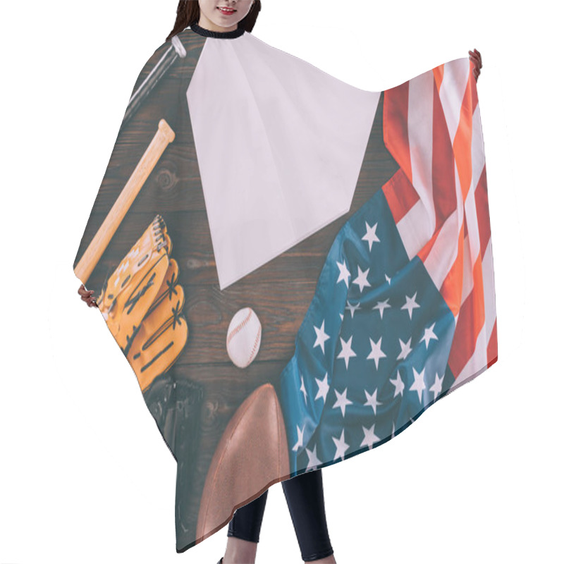 Personality  American Flag And Sport Equipment With Blank Paper On Wooden Table Hair Cutting Cape