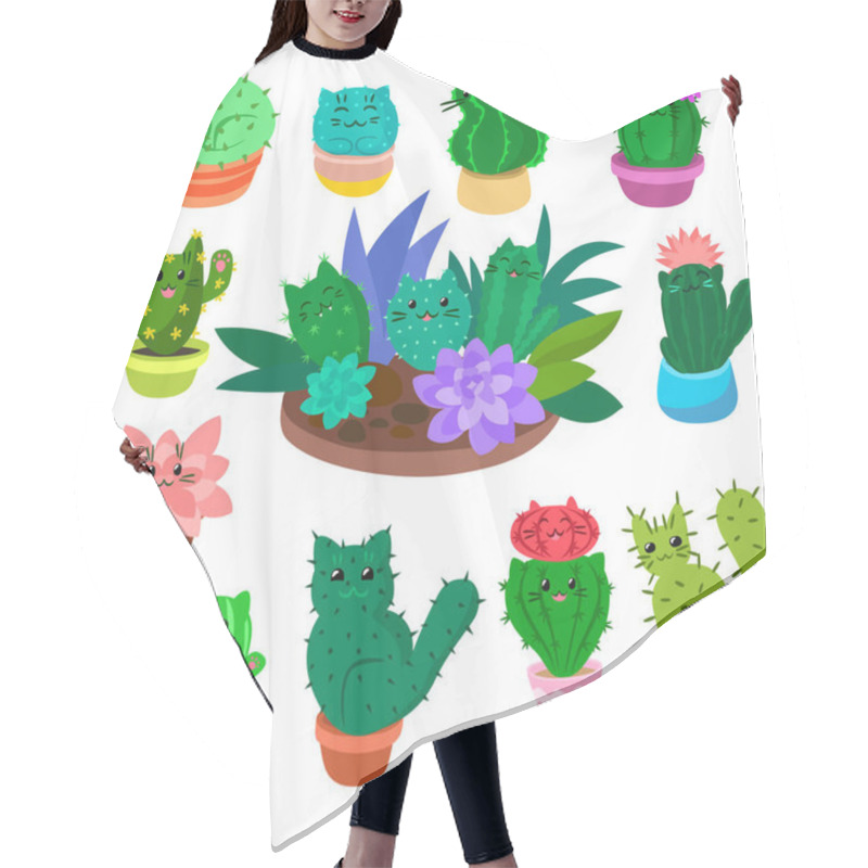 Personality  Cute Cartoon Cactus And Succulents Set On Hand Drawn Nature Plants Cacti Vector Illustration Isolated On White. Hair Cutting Cape