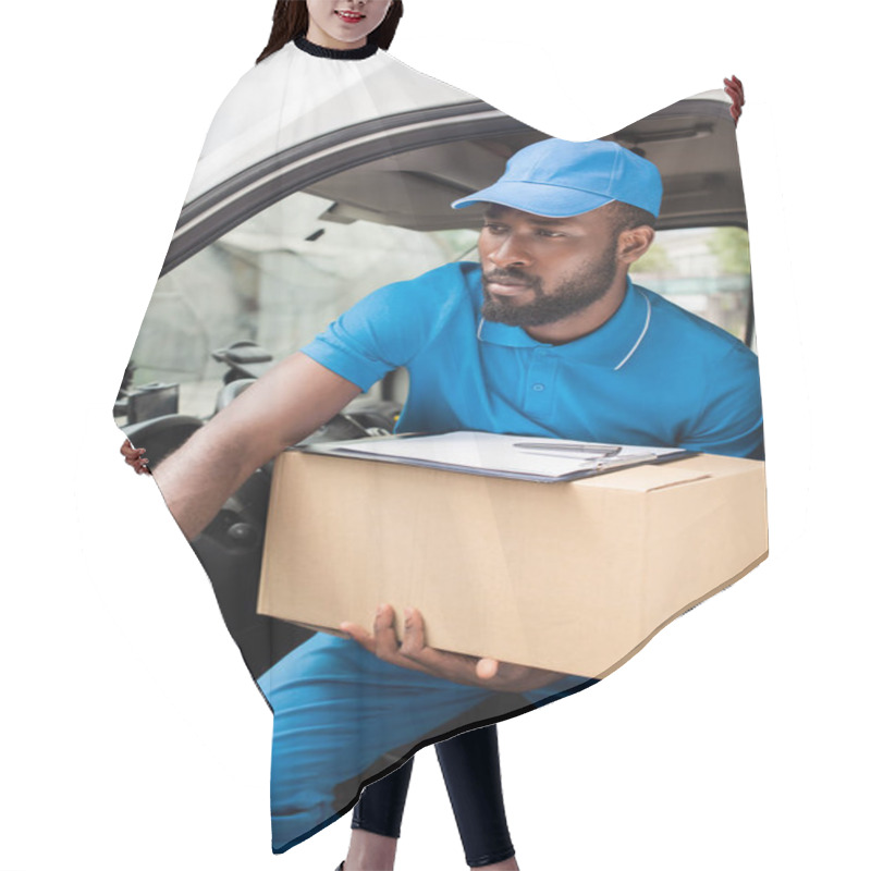 Personality  African American Delivery Man Going Out From Car With Box Hair Cutting Cape