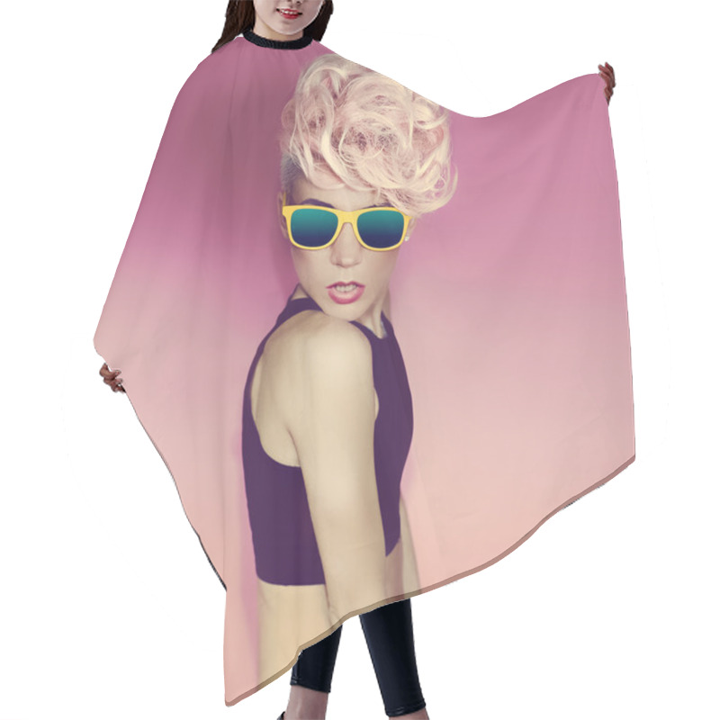 Personality  Crazy Disco Punk Girl On Pink Background. Glamorous Party Hair Cutting Cape