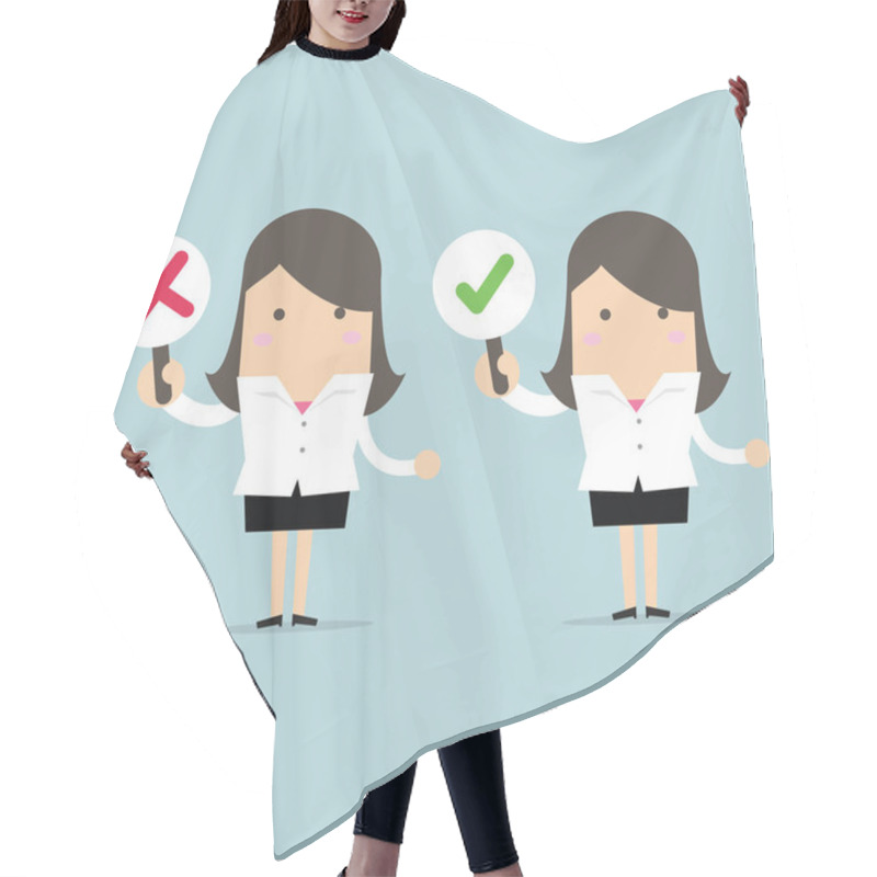 Personality  Businesswoman With Right And Wrong Signs. Hair Cutting Cape