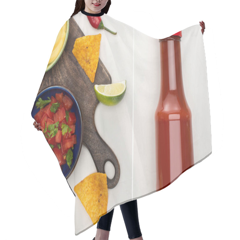 Personality  Collage Of Corn Nachos With Lime, Chili, Ketchup And Cheese Sauce On Wooden Cutting Board On White Background Hair Cutting Cape