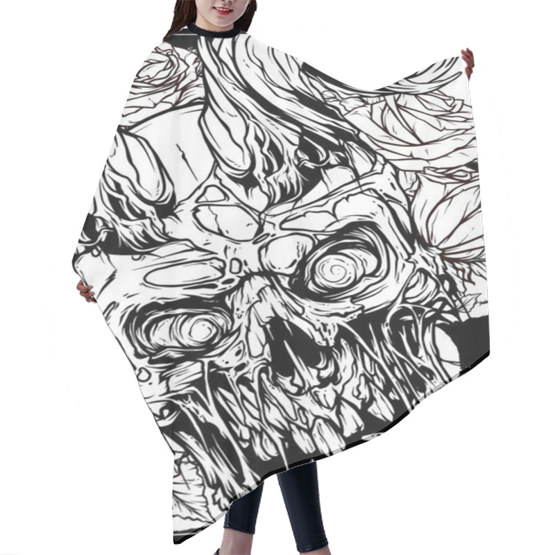 Personality  Graphic Human Skull With Bull Horns Hair Cutting Cape