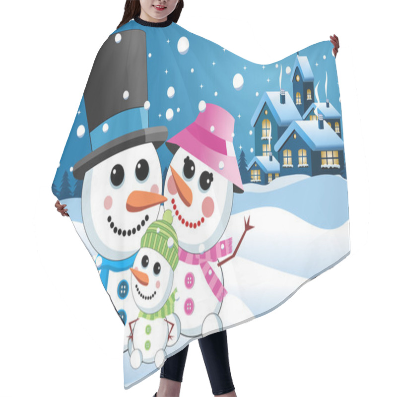 Personality  Happy Snowman Family Under Snowfall Against Nighttime Landscape Hair Cutting Cape