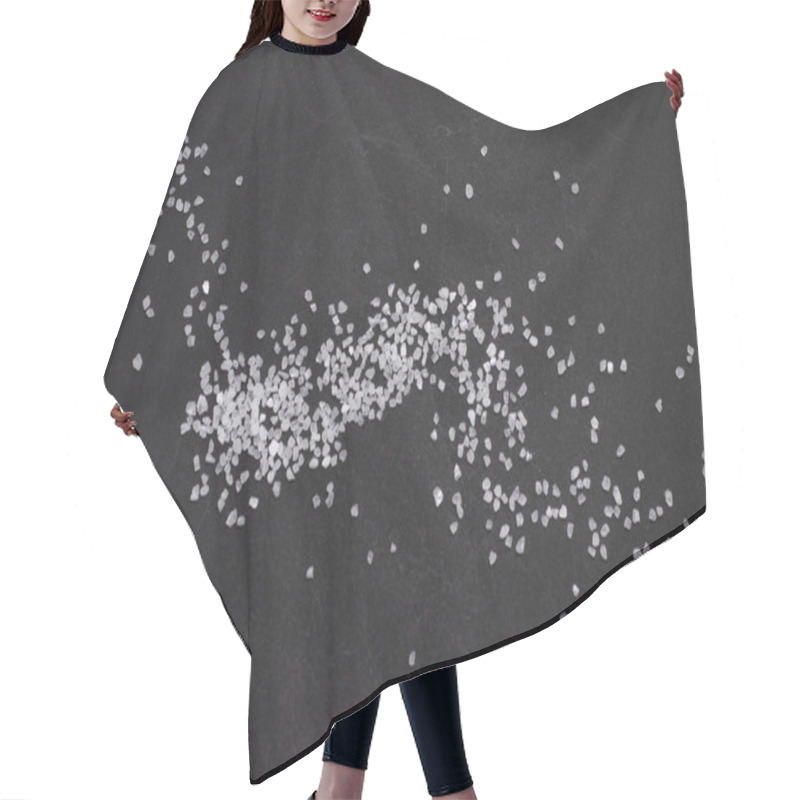 Personality  Spilled White Sea Salt On A Black Background. Clear Crystalline Pebbles On A Black Background. Hair Cutting Cape