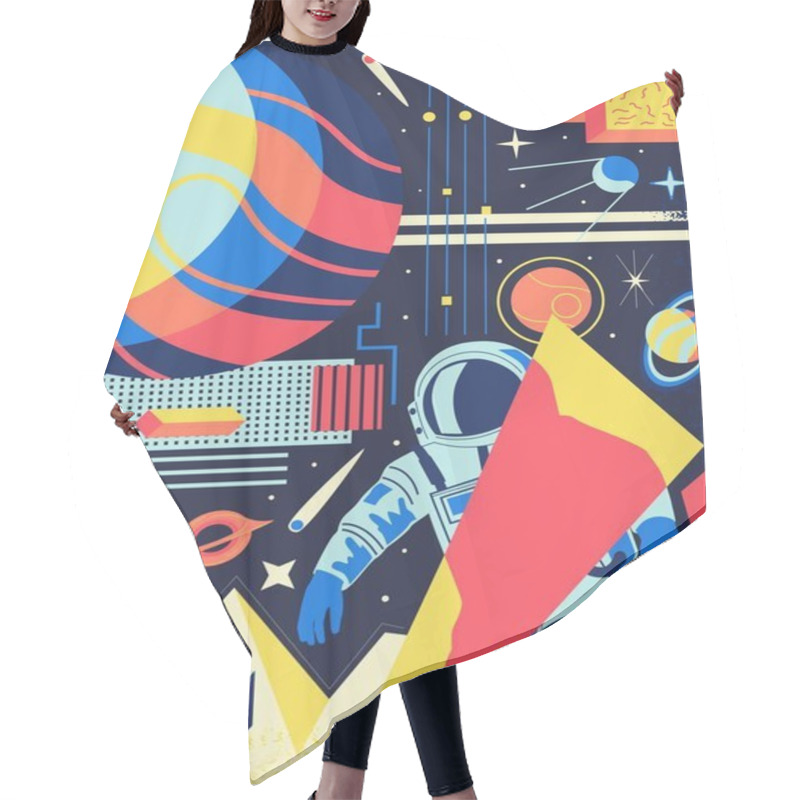 Personality  Space Abstract Background. Futuristic Psychedelic Poster With Cartoon Cosmonaut And Galaxy Shapes. Colorful Planets Or Satellites. Astronaut Exploring Universe. Vector Illustration Hair Cutting Cape