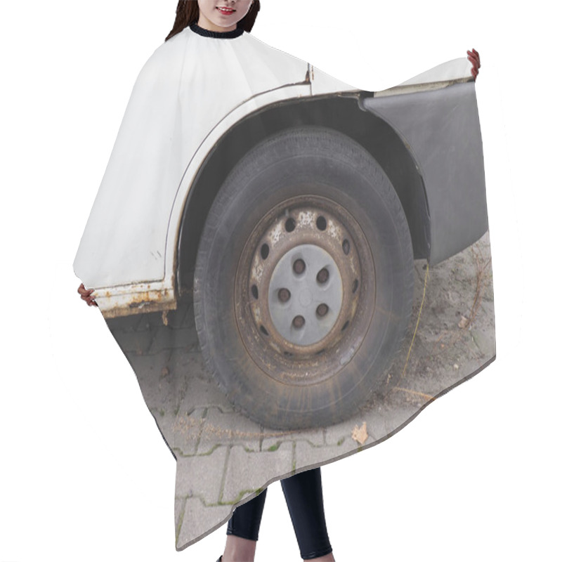 Personality  Old White Car With Rusty Wheel On Cobblestone Pavement Hair Cutting Cape