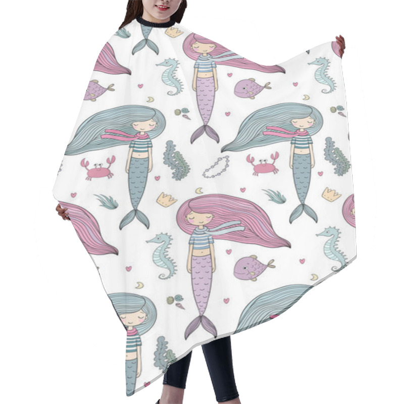 Personality  Pattern With Cute Little Mermaid. Siren. Sea Theme. Hair Cutting Cape