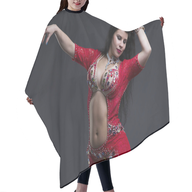 Personality  Young Beautiful Exotic Eastern Women In Ethnic Red Dress On Gray Background Hair Cutting Cape