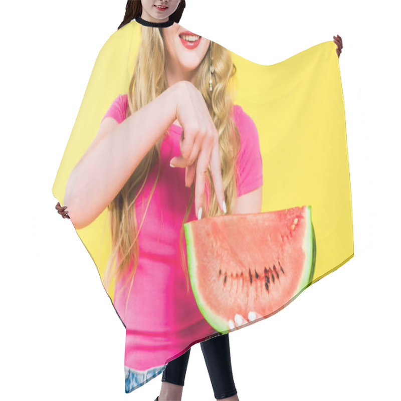 Personality  Cropped View Of Girl Walking With Fingers On Watermelon On Yellow Hair Cutting Cape