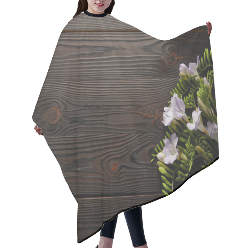 Personality  Top View Of Violet Floral Bouquet On Wooden Table Hair Cutting Cape