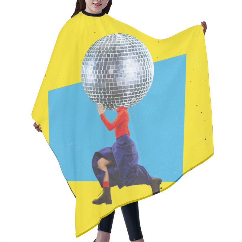 Personality  Contemporary Art Collage. Woman Dancing With Retro Disco Ball Head Isolated Over Yellow Background. Party Time Hair Cutting Cape