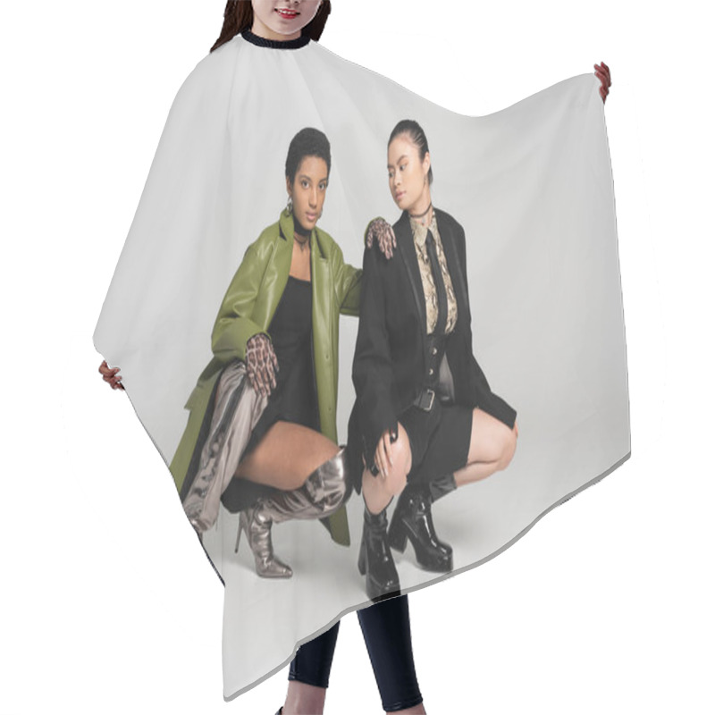 Personality  Trendy African American Woman In Lather Coat Posing Near Asian Girlfriend On Grey Background Hair Cutting Cape