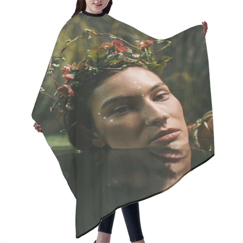 Personality  A Woman In A Floral Crown Poses Partially Submerged In A Swamp. Hair Cutting Cape