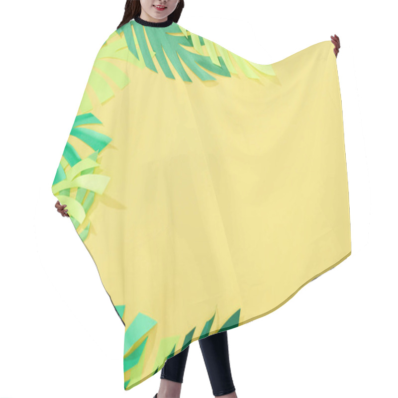 Personality  Top View Of Paper Cut Green Tropical Leaves On Yellow Bright Background With Copy Space Hair Cutting Cape