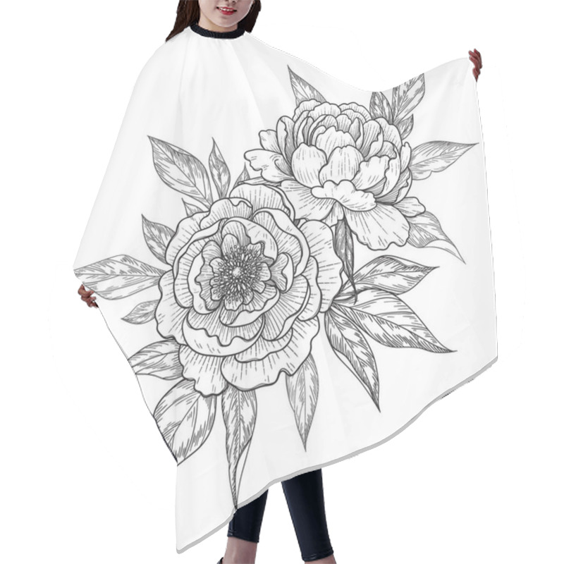 Personality  Hand Drawn Peony Flowers And Leaves Bunch Isolated On White. Vector Line Art Monochrome Elegant Floral Composition In Vintage Style, T-shirt, Tattoo Design, Coloring Page, Wedding Decoration. Hair Cutting Cape