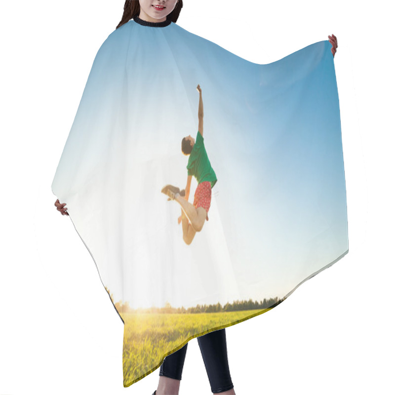 Personality  Young Man Jumping On Meadow With Dandelions Hair Cutting Cape