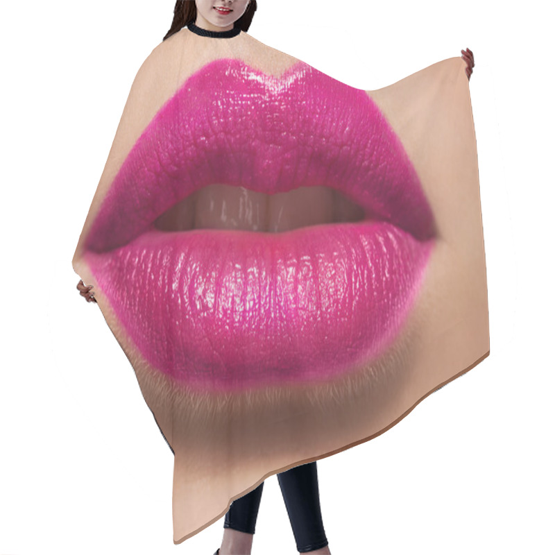 Personality  Macro Photo Of Women's Lips With Pink Lipstick Hair Cutting Cape