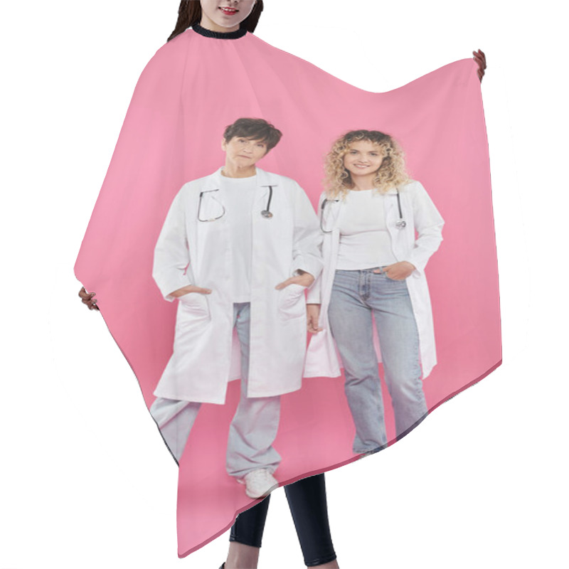 Personality  Joyful Female Doctors In White Coats Standing On Pink Backdrop, Joy, Breast Cancer Awareness, Women Hair Cutting Cape