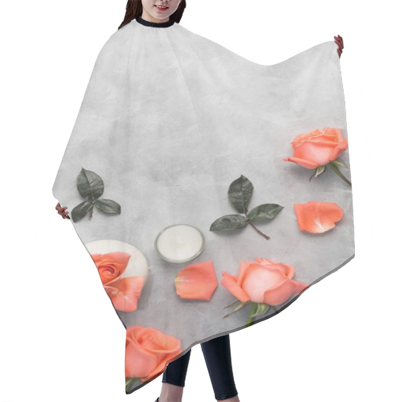 Personality  Top View Flat Lay Pink Rose In White Vase With Petals, Leaves And Candle On Bright Grey Background. Text Space Hair Cutting Cape