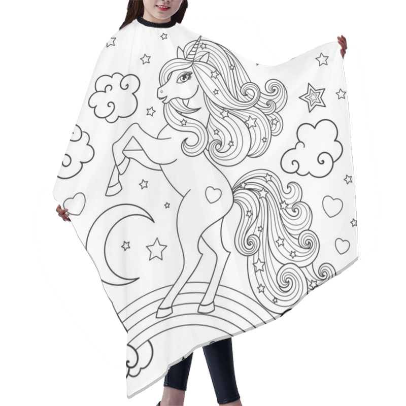 Personality  Unicorn With A Long Mane On The Rainbow. Black And White Image. Vector Hair Cutting Cape